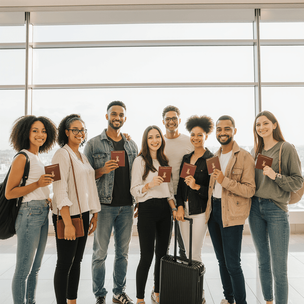 Diverse immigrants with passports and luggage