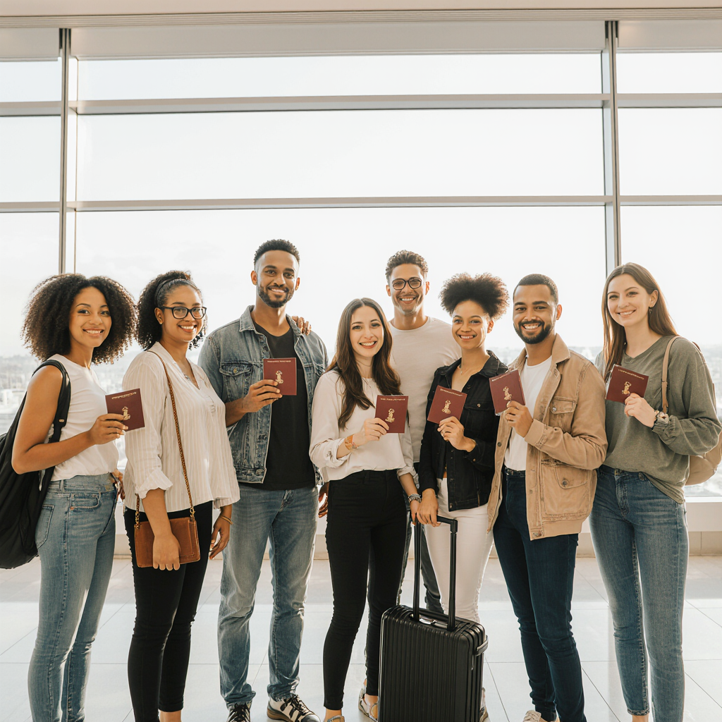 Diverse people from different countries with passports and luggage